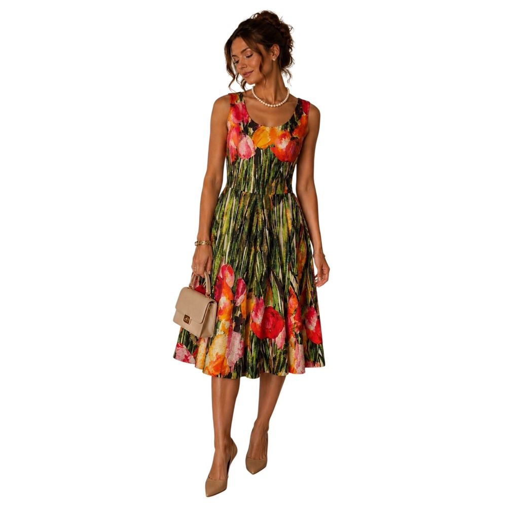 Carmen Marc Valvo Fit & Flare Dress Floral Tulip Print Tea Party Cocktail 10
